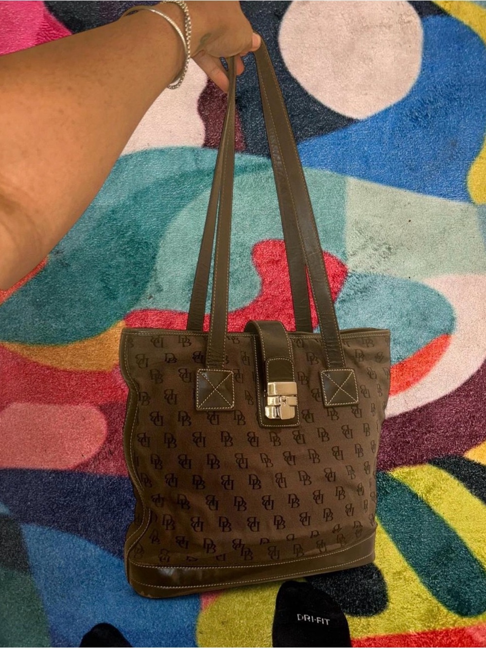 Dooney & Bourke Brown Monogram Shoulder Tote with Gold Lock